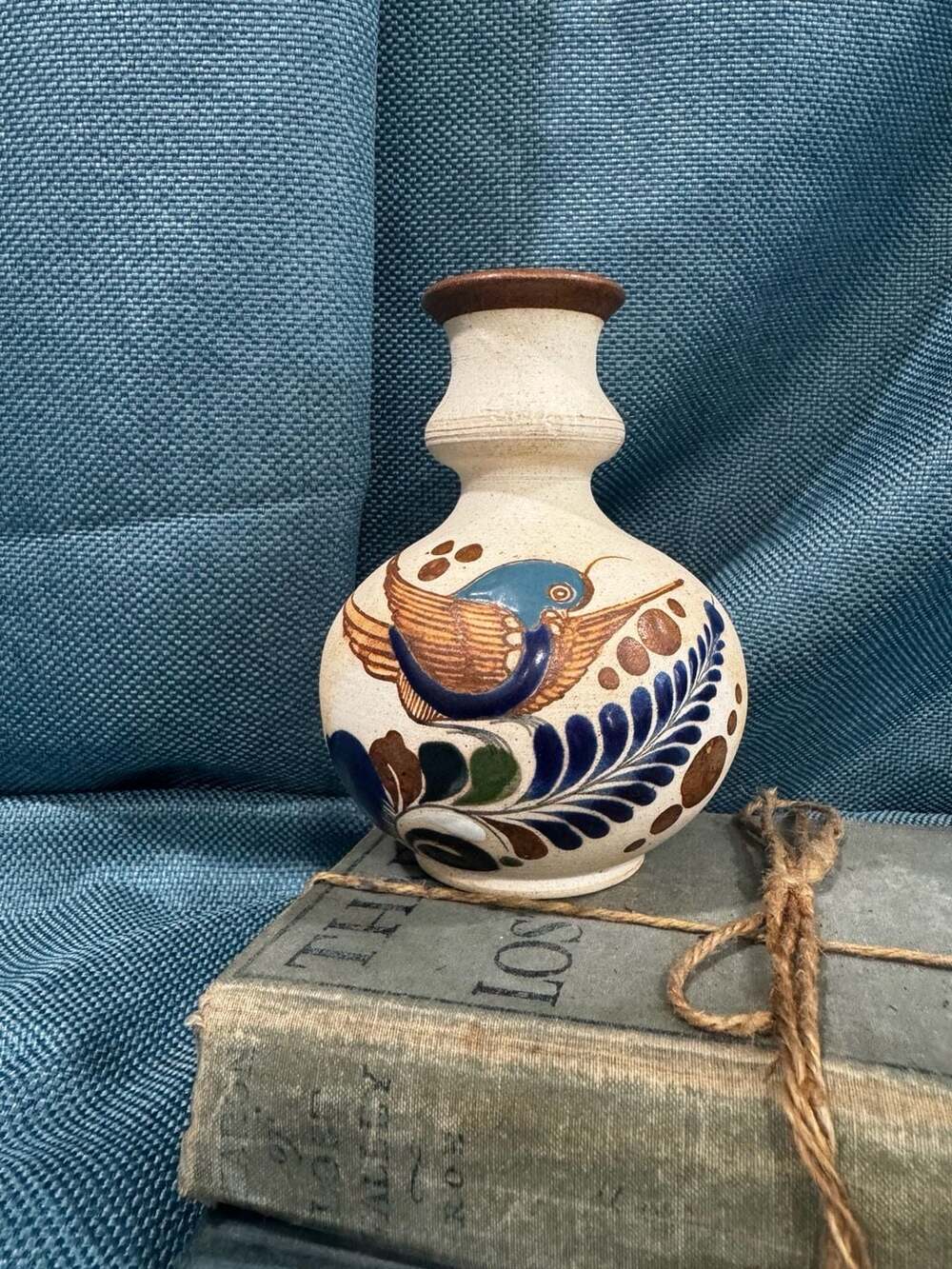 Vintage Tonala Mexican Folk Art Pottery Vase with Hand-Painted Bird Design